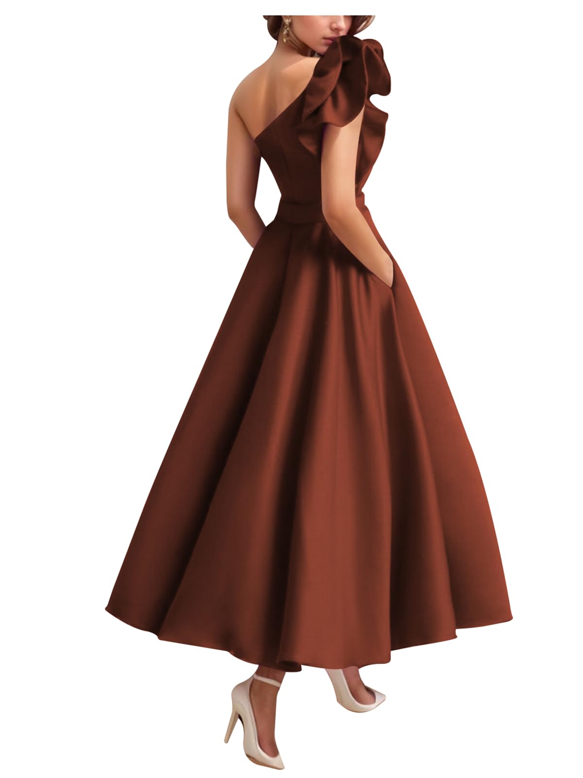 Caodip Women's One Shoulder Elegant Evening Dress with Pockets Satin Tea Length A Line Formal Wedding Guest Dress