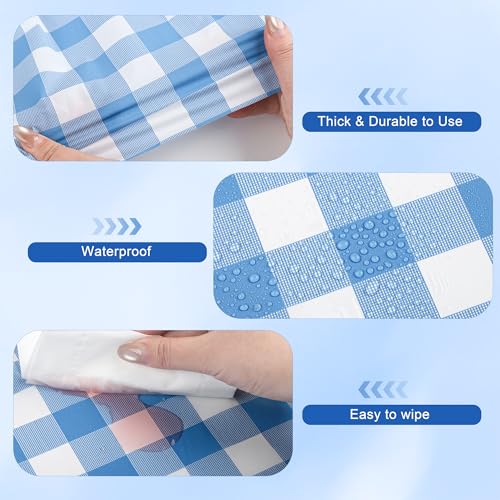 Image of Kochorie 54 Inch x 300 Ft Light Blue Checkered Plastic Table Cloth Roll Disposable Waterproof Table Cover Plastic Table Cover Roll with Easy Slide Cutter for Outdoor Picnic /Home Dining /Spring Party