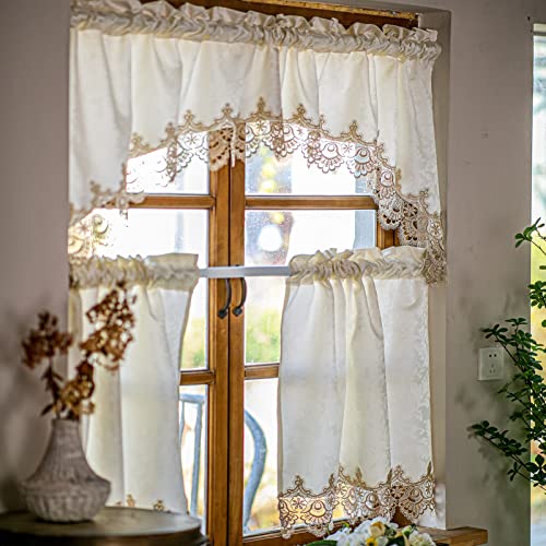 Sutavia Retro Kitchen Curtains Window Valance Swag Set 3 Pieces Waterproof Champagne Jacquard Fabric With Embroidery Lace Natural Country Cafe Curtain Tiers & Valance Set For Dining Room Bedroom  #TOP1