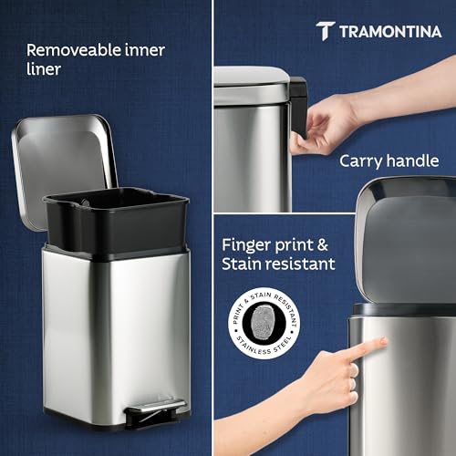 Image of TRAMONTINA 12 Litre Stainless Steel Step Dustbin | Fingerprint-Resistant Finish | Soft-Close Lid | Removable Inner Bucket | Square Trash Can for Home, Office & Hospitality
