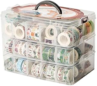 HomDSim Washi Tape Box Organizer Storage,Divider Closet Container,with 30 Adjustable Compartments,Clear,Masking Tape Desktop Tape DIY Sticker Roll Tape Cutter Holder Storage,Finger Safty Dispenser