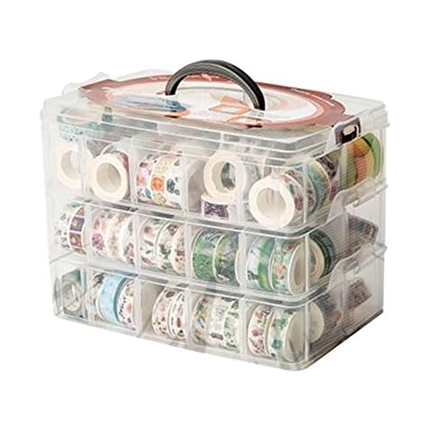 HomDSim Washi Tape Box Organizer Storage,Divider Closet Container,with 30 Adjustable Compartments,Clear,Masking Tape Desktop Tape DIY Sticker Roll Tape Cutter Holder Storage,Finger Safty Dispenser Cover