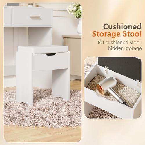 Image of YESHOMY Vanity Desk with Mirror, Makeup Table with 11 Adjustable Lights and 2 Spacious Drawers, Soft-Padded Storage Stool, 3 Lighting Modes with Control, for Bedroom, Snow White