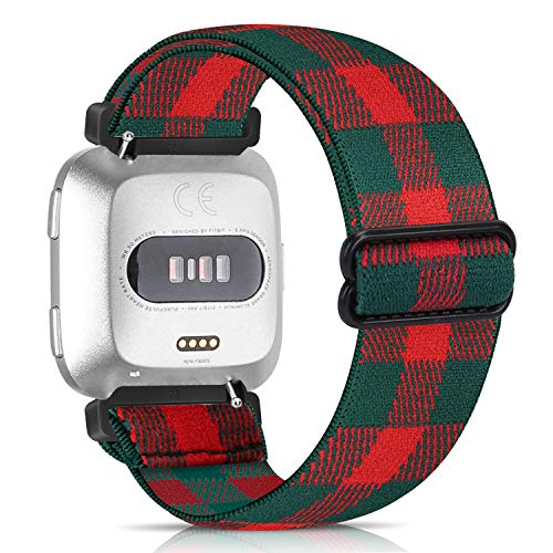 ArodKing Elastic Bands Compatible with Fitbit Versa/Fitbit Versa 2/Fitbit Versa Lite Replacement Wristband, Pattern Stretch Bands Fashion Handmade Strap(Red Green Grid)
