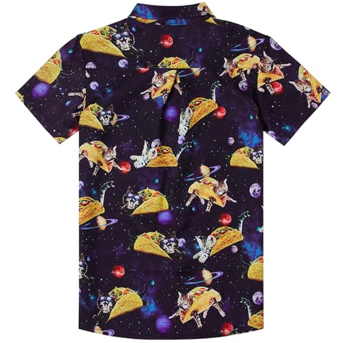 Uideazone Little Boys Pizza Cat Shirts 3D Print Funny Universe Aloha Tops Summer Beach Short Sleeve Button Down Tees Novelty Hawai Polo Blouse For Camp Holiday Casual Black Yellow thumb #1