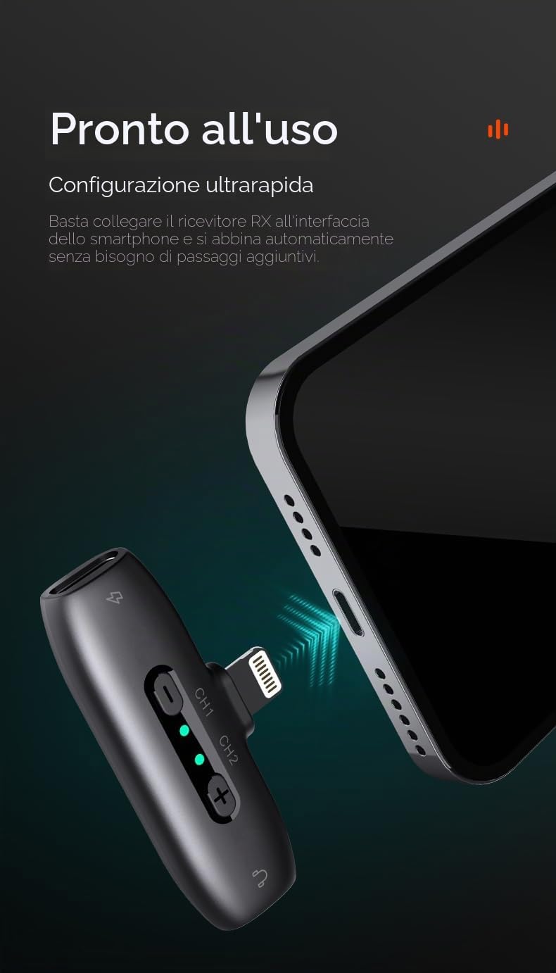 hohem MIC-01 Microfono Lavalier Wireless per iPhone iPad, certificato MFi, Telecomando, 100m (328ft), 7.5H, Plug-Play Microfono per registrare Vlog, Live Stream (2 TX + 1 RX+Custodia di ricarica)