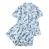 QJDFLL Lässiges Kurzarm Pyjama Set für Damen mit bedrucktem Oberteil Leiste vorne und Shorts. Bequemes Nachtwäsche Outfit Taschen(Blau,XL)