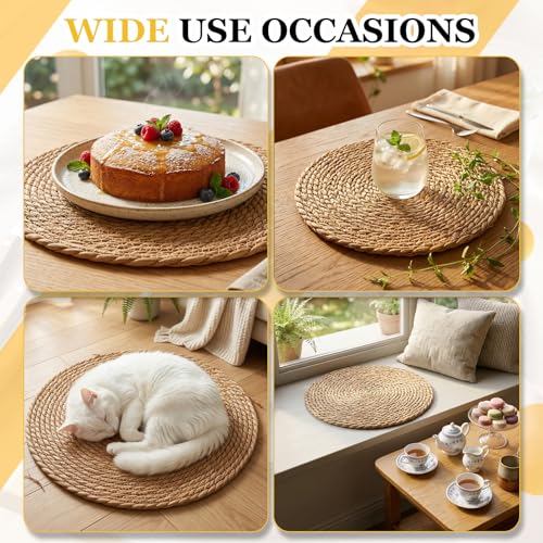 Image of 24 Pcs Round Woven Placemats - Yedoler 13 in Farmhouse Boho Straw Heat Resistant Outdoor Patio Rattan Wicker Table Mats, Natural Water Hyacinth Place Mats Coasters for Dining Table,Home,Wedding