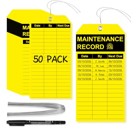 50 Pack Waterproof Maintenance Record Tags with Wire Double-Sided Inspection Tags 3.14" x 6.3" Yellow Plastic Safety Inspection Record Tag with Marker for HVAC Systems Industrial Equipment Outdoor
