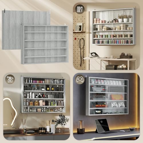 Image of HOMCOM 5-Tier Display Cabinet, Glass Door Cabinet with Adjustable Shelves, Wall-Mounted Display Case for Playroom, Bedroom, Gray