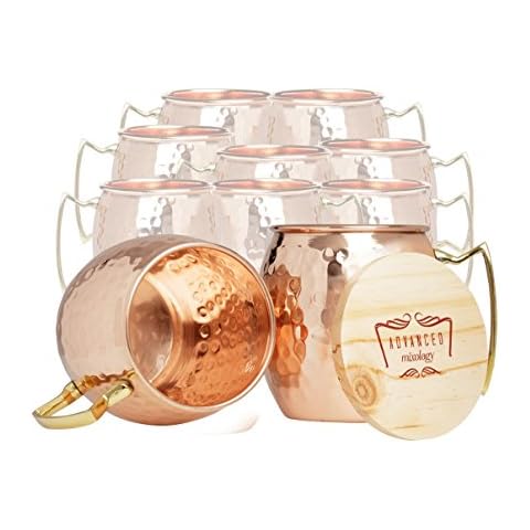 Advanced Mixology Set of 10 100% Pure Copper Moscow Mule Mugs (16 oz each) with 10 Artisan Hand Crafted Wooden Coasters - Barrel With Brass Handle Cover