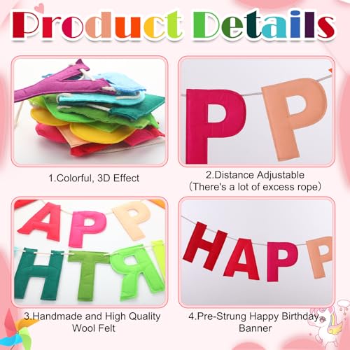 Image of Mindsoft Felt Happy Birthday Garland Rainbow Banner Reusable Happy Birthday Sign Party Supply for Party Decor(Rainbow Color,Normal)