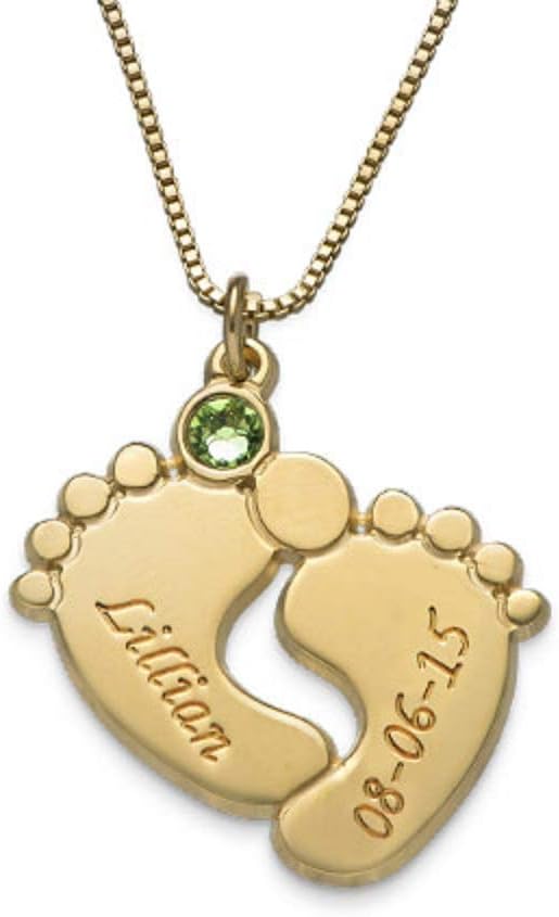 MYKA - Personalized Engraved Baby Feet Necklace with Birthstone - Custom Made Pendant With Precious Metals - Family Jewelry for New Mom, Women, Her, Grandma - Dainty Gift For MotherÕs Day, Christmas, Birthday - 0.925 Sterling Silver, 18K Gold & Rose Gold Plating, Yellow Gold - CUSTOM YOUR OWN