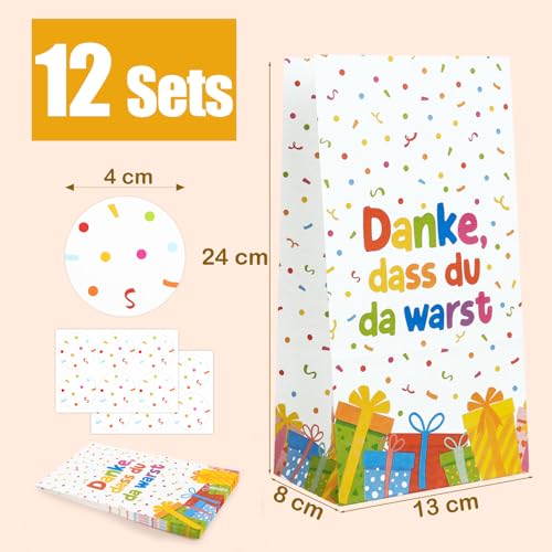 COMOOKA 12 Stück Geschenktüten Kindergeburtstag 24x13x8cm Mitgebsel Tüten mit 12 Aufklebern Geburtstagstüten Kinder Papiertüten zum Befüllen für Give Aways Partytüten