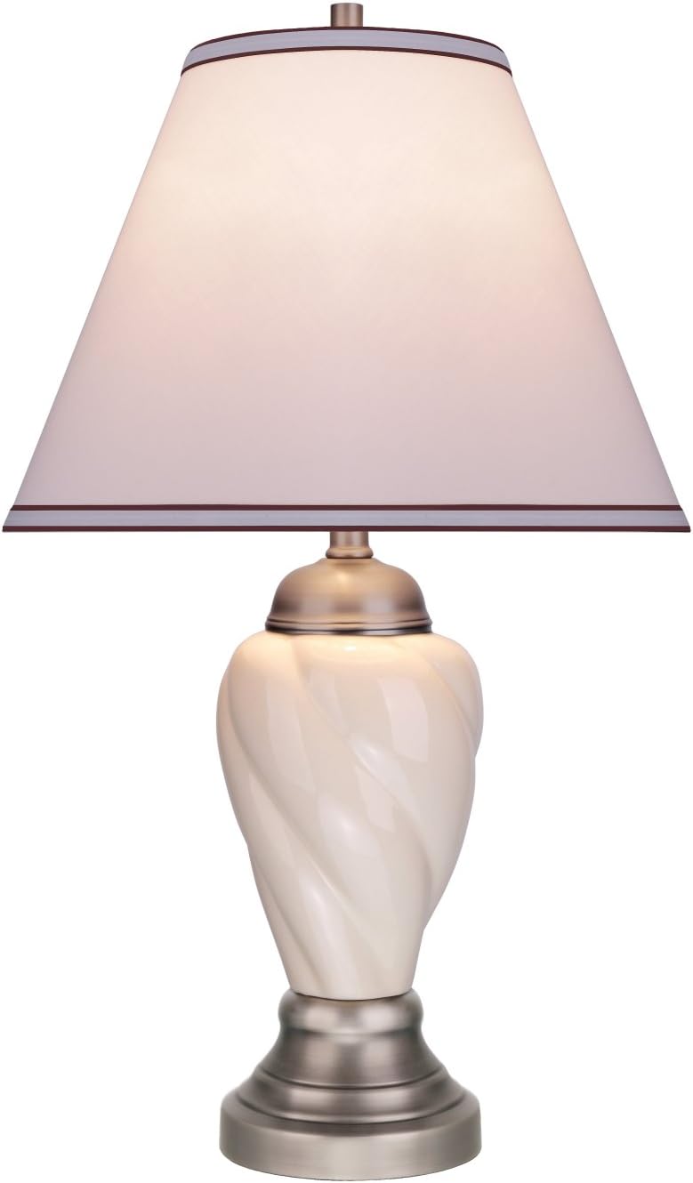 Aspen Creative 40093-1 26" High Traditional Ceramic Table Ivory with Pewter Finish Base and Hardback Empire Shaped Lamp Shade in Off White, 15" Wide