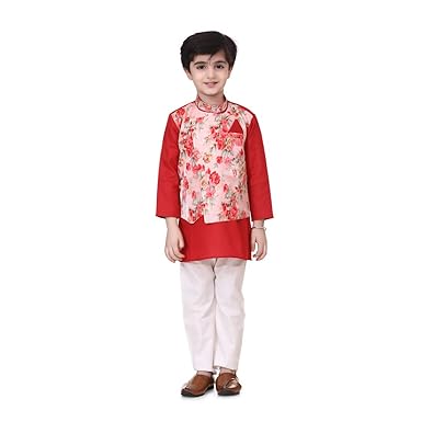 BownBee Attached Jacket Kurta Pajama For Boys-Red