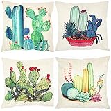 ZUEXT Pack of 4 Summer Style Cactus Decor Throw Pillow Cover Green Plants Decorative Cotton Linen Burlap Square Outdoor Cushion Cover Pillow Case for Car Sofa Bed Couch 18 x 18 Inch