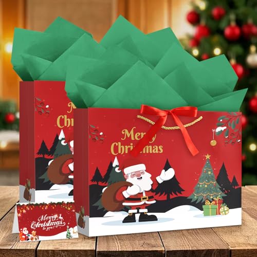 Image of JMANNI Christmas Gift Bags,1PCS Large christmas Gift Bag with Ribbon and 1 Greeting Card 2 Tissue Papers, Portable Paper Gift Bag with Handles, Reusable and Perfect For Your Xmas Presents （Red-Green）