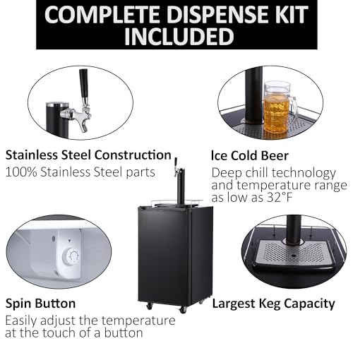 Image of PioneerWorks Beer Kegerator, Single Tap Draft Beer Dispenser, Full Size Stainless Steel Keg Refrigerator With Drip Tray, CO2 Cylinder, 32F- 50F Temperature Control