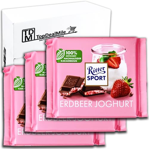 TopDealMile- Vorratspack für Ritter Sport Erdbeer Joghurt 3 x 100g Gefüllte Vollmilchschokolade mit Erdbeer-Joghurt-Creme