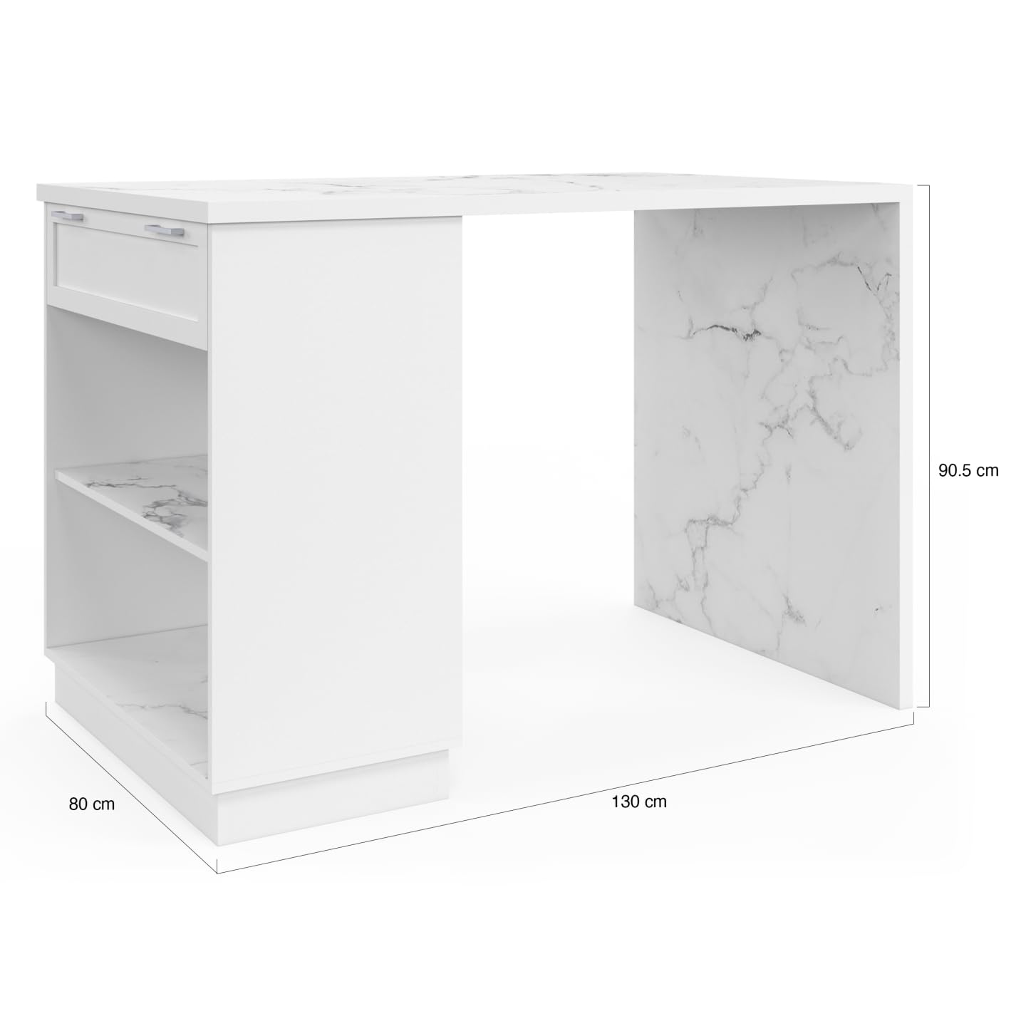 IDMarket - Ilot Central Mange-Debout 4 Personnes VITO 130 cm Blanc et Plateau marbre Alaska