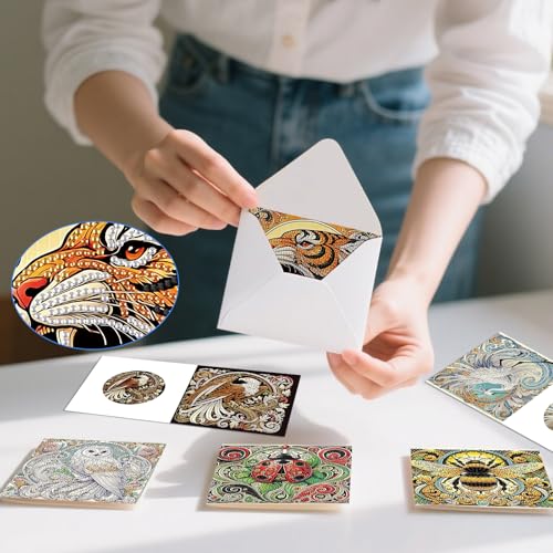 Image of 6 Pack Animal Diamond Art Greeting Cards with Envelopes, DIY 5D Diamond Painting Card Kit Featuring Phoenix Owl Bee Eagle Ladybug and Tiger, Handmade Rhinestone Craft Cards for Birthday and Holiday