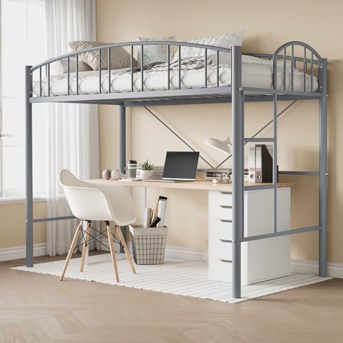 Loft Bed Twin Size with Stairs and Arched Guardrail, Sturdy Metal Slats Support, Space Saving, Noise Free, No Box Spring Needed, Ideal for Kid Room and Dorm, Matte Gray