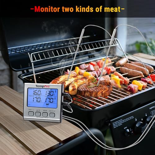 Image of ThermoPro TP-17 Dual Probe Digital Cooking Meat Large LCD Backlight Food Grill Thermometer with Timer Mode for Smoker Kitchen Oven BBQ, Silver
