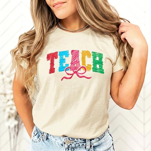 Image of Teacher Shirts Women Teach Print Graphic Tees Kindergarten Elementary Teaching Life Shirts Back to School Tees Tops