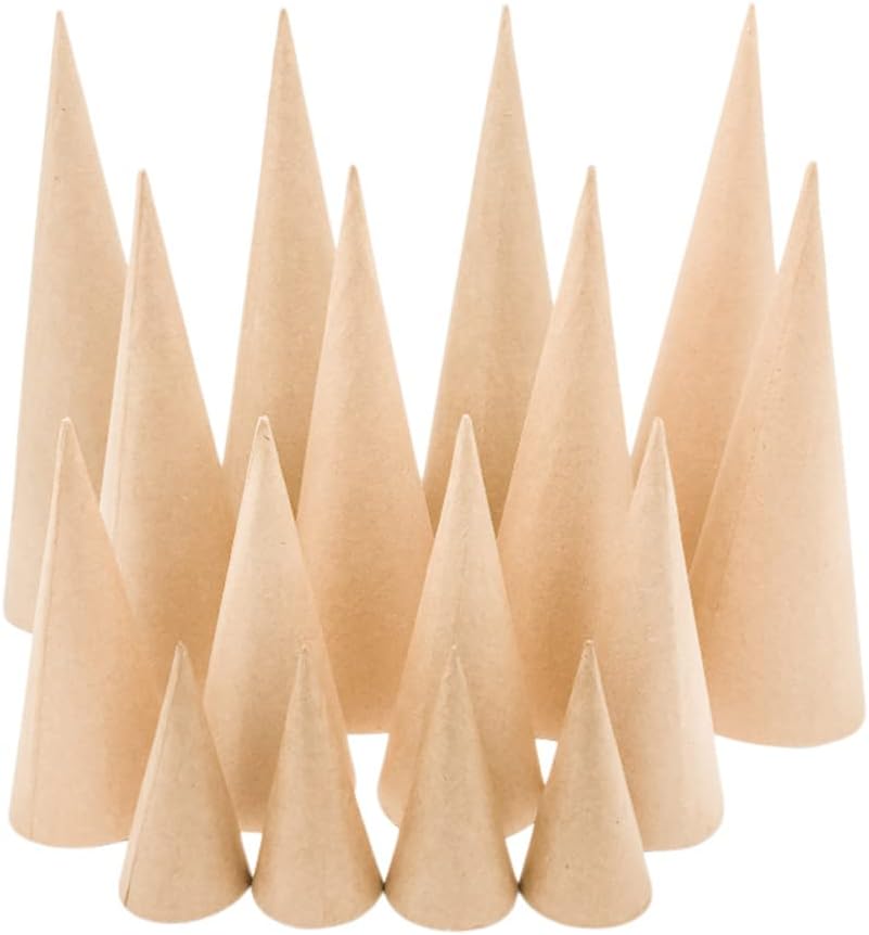 Paper Mache Craft Cones Variety Pack 4 Sizes- 13.75 x 5, 10.63 x 4, 7 x 3, 4 x 2 Inches- Set of 16