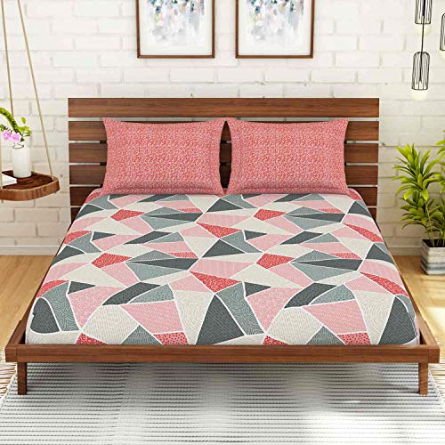 Image of Spaces Atrium 144 TC 100% Cotton King Size Fitted Double Bedsheet with 2 Pillow Covers (Geometric, 72 inch X 78 inch Inches ) - Peach