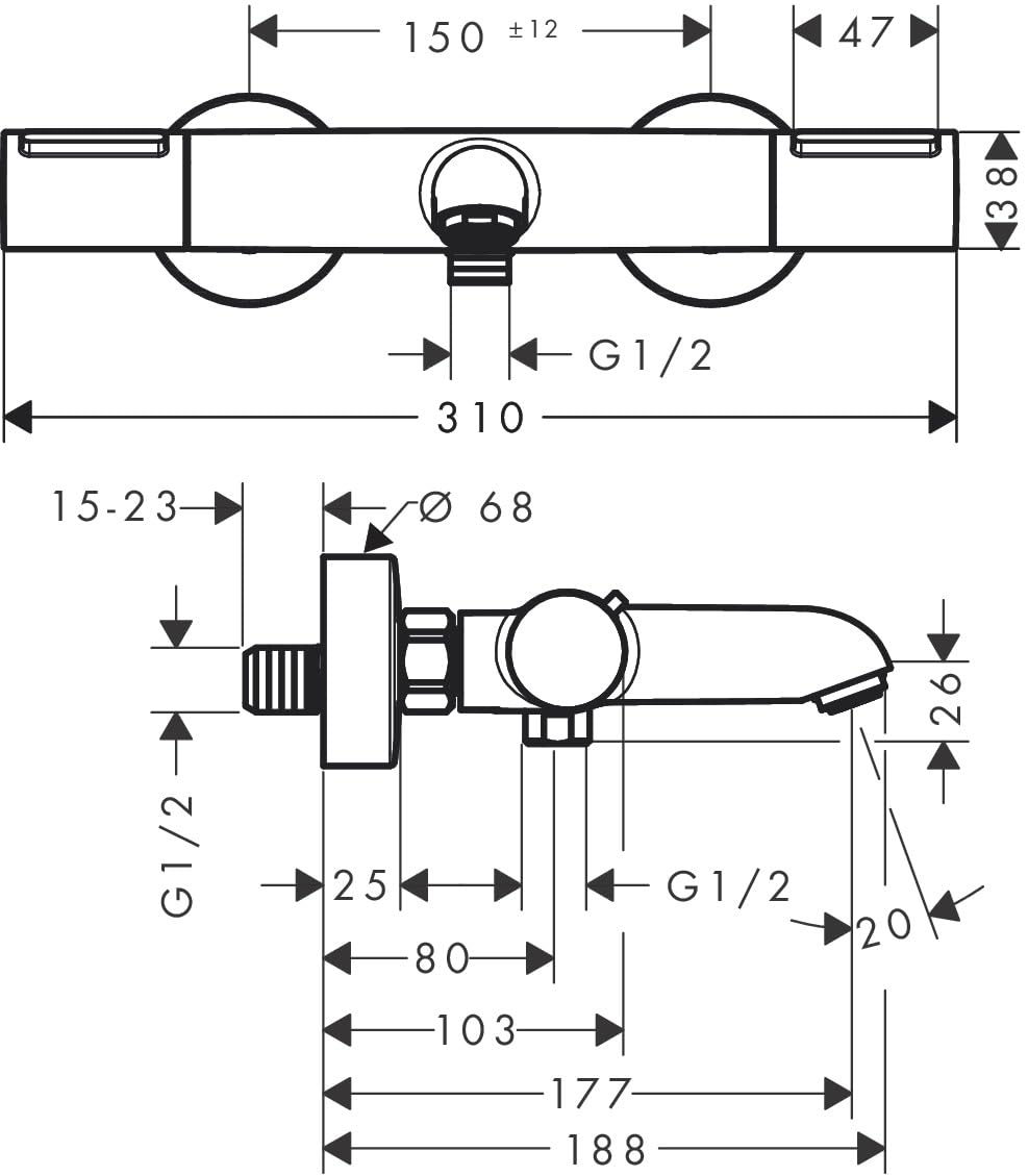 hansgrohe Ecostat Element, termostato para bañera empotrado, grifo bañera con botón de seguridad (SafetyStop) a 40°C, termostato, mezclador para 2 funciones, negro mate, 13347670