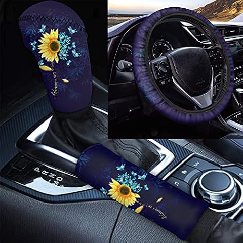 CLOHOMIN Sunflower Butterfly Print Elastic Steering Wheel Cover Navy Blue Handbrake Cover and Gear Shift Wrap Cover for SUV Truck Vans Sedans Auto Interior Decoration Universal fit Cover