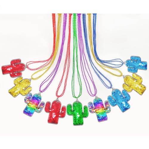 CiciBear 15 Pack Cactus Sequin Necklace Party Favors with Mardi Gras Beads for Mexican Fiesta Tropical Hawaiian Summer Party,Home Decorations, Festivals, Wedding, Birthday Celebrations, 5 Colors