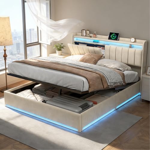 BRILVERDE Estructura de cama tapizada 140x200 con espacio de almacenamiento, cama doble con LED/USB, cama de almacenamiento hidráulica, cama juvenil con cabecero y somier, estructura de cama para