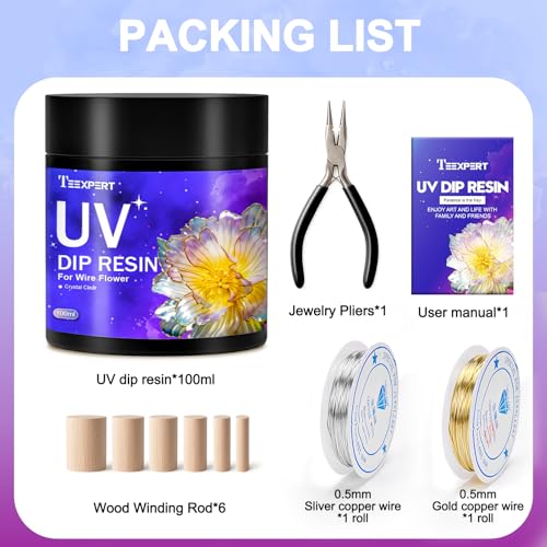 Image of Teexpert UV Resin Dip for Wire Flowers Kit, 100g Crystal Clear UV Dip Resin with Pliers, 2Pcs 31FT Wires for Wire Shapes, Fast Cure Thick Glue for Jewelry Making, Holiday Surprise for DIY Art Crafts