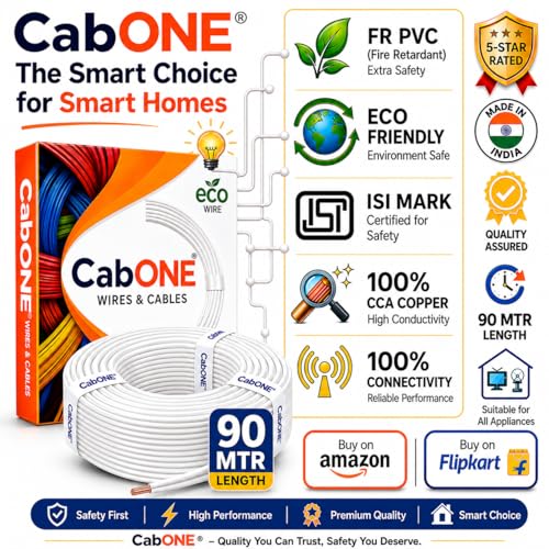 Image of CabONE 1.0 SQ.MM FR PVC Insulated Copper Electrical Wire, 90 Meter (White, Pack of 2) | ISI Marked Fire Retardant Single Core Cable for Home Wiring