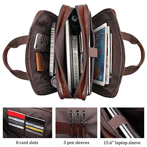 Augus Genuine Leather Mens Briefcase businessTravel Bags 15.6 Inch Laptop Bag YKK Zipper, Coffee