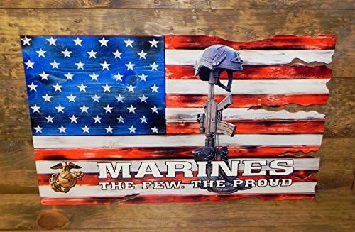 Enlisted "The Few. The Proud." Fallen Battle Cross USA American Flag Metal Sign - 24" x 15" for USMC