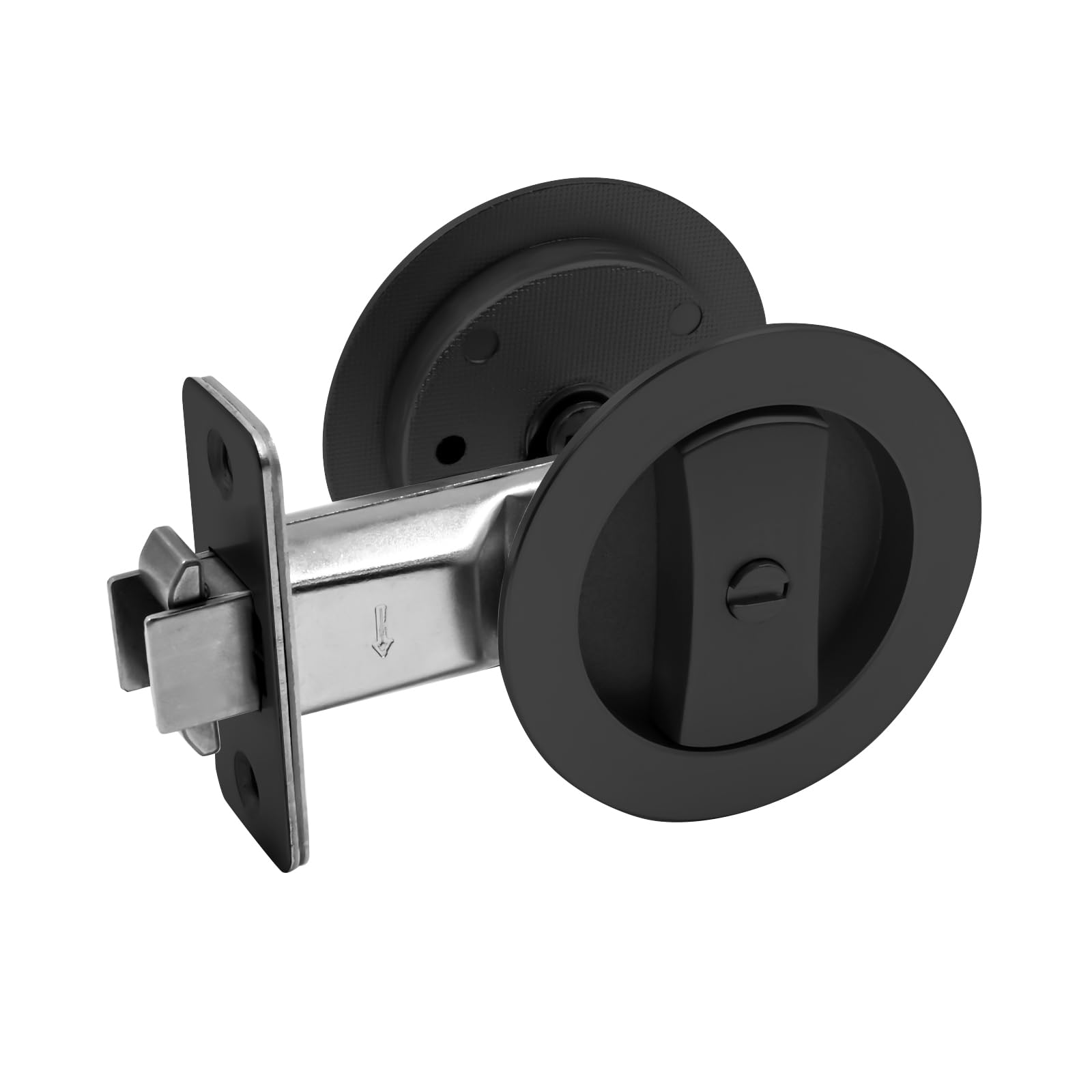 Matte Black Pocket Door Hardware – Recessed Privacy Latch With 2-Sided Round Knobs, Square Handles, Coin-Unlock Emergency Feature
