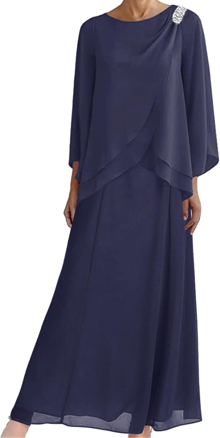 Mother of the Bride Dresses for Wedding-Long Evening Formal Dress Chiffon Wedding Guest Groom Dresses Tiered Beaded