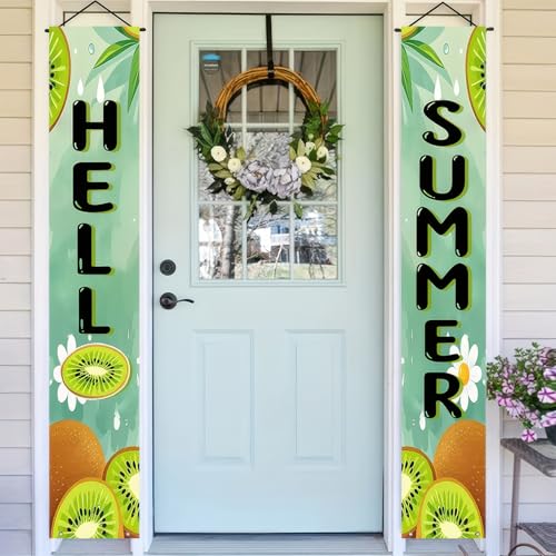 Image of BlissYard 2pcs Hello Summer Door Banner Kiwi Porch Banner Sign Sweet Green Summer Sunshine Front Door Hanging Decor Banners for Seasonal Home Hawaii Tropical Party Outdoor Decorations