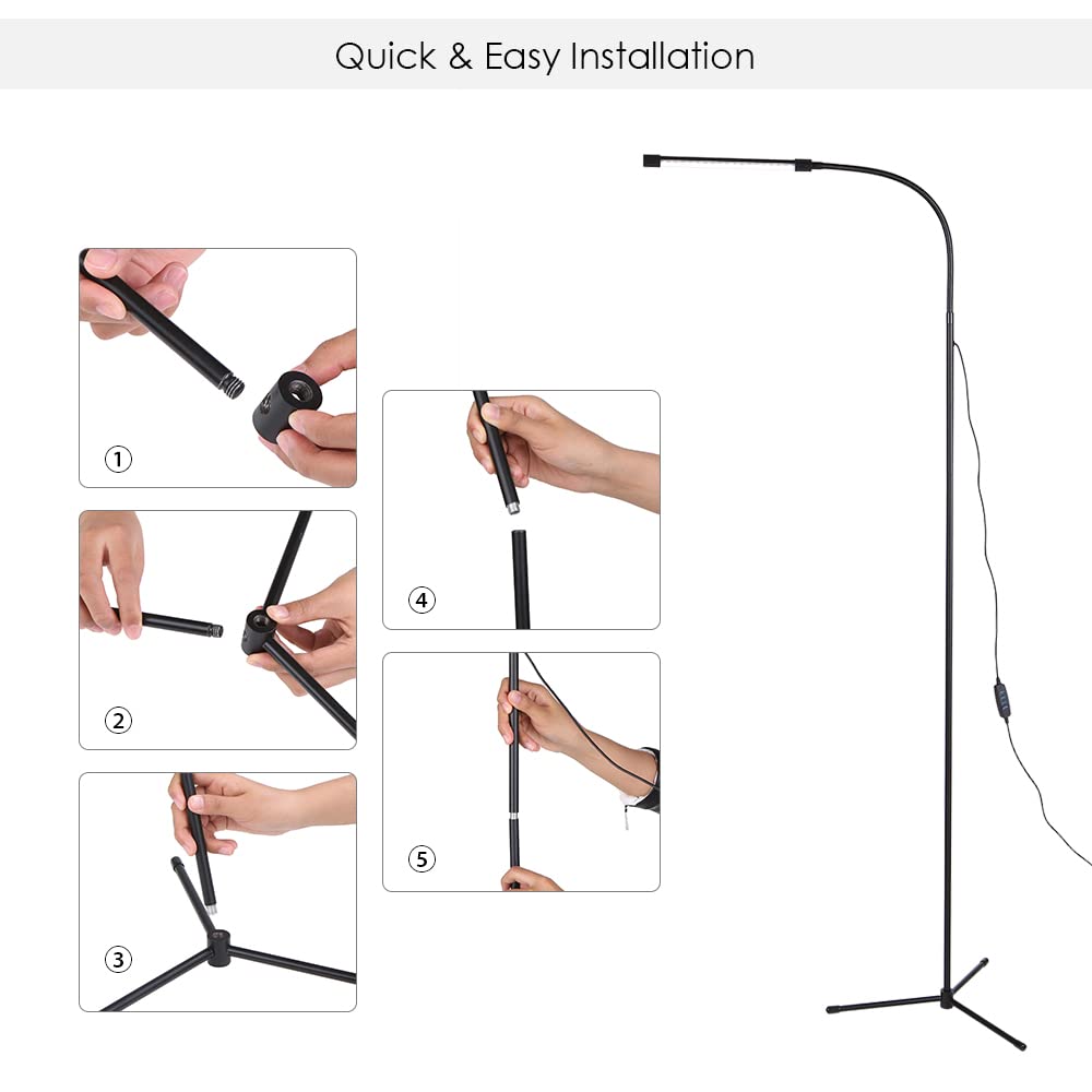USB-Stehlampe, 3 Farbtemperaturen, 10 Helligkeitsstufen, Flexibler Hals, Blendfreies Licht Zum Lesen, Wohnzimmer, Schlafzimmer, Schwarze Aluminiumlegierung, 4 Fuß, 1 Schnitt