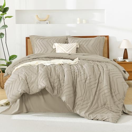 Image of Litanika Light Hazel Queen Size Comforter Set with Sheets - 7 Pieces Bed in a Bag Queen Boho Tufted Complete Bedding Sets with Comforter, Sheets, Pillowcases & Shams