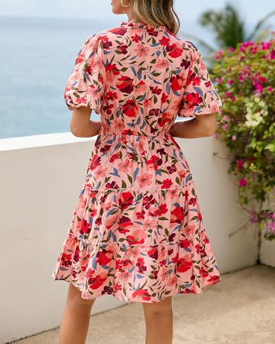 Image of BTFBM Women Summer Floral Short Dresses V Neck Short Sleeve Tiered Ruffle Boho Swing Dress A-Line Mini Dresses