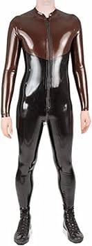 Black and Brown Two-Tone Splicing Sexy Mens Latex Catsuit Rubber Fetish Body Handmade Overall,Made,Transparent Hand,s