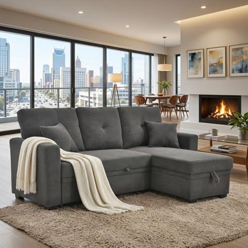 Image of KEIKI 71 inch Sectional Sleeper L Shaped Sofa with Pull Out Bed, 3 Seater Sleeper Sofa with Reversible Chaise, Modular Sectional Sofa with Storage for Living Room, Dark Gray