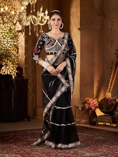 Image of Pandadi Saree Women's Net Embroidery Work Saree With Unstitched Blouse Piece