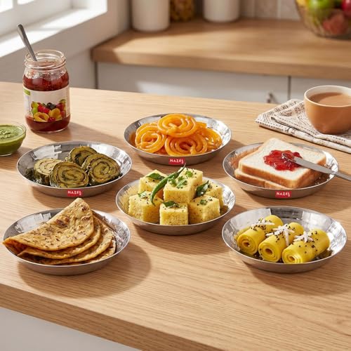 Image of HAZEL Stainless Steel Snack Plate 18.5cm Hammered Design Set of 6 | Kopri Dish Nashta Serving Plate Breakfast Steel Thali, 650ml