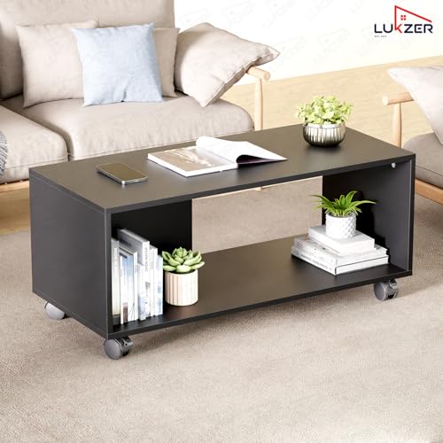 Image of Lukzer Engineered Wood Center Table with Wheels | CT-003 /Black | Open Rack Storage Organizing Desk Bed Side Display Stand Fashionable Furniture Rolling Coffee Tea Table DIY (80X40X40 Cm)